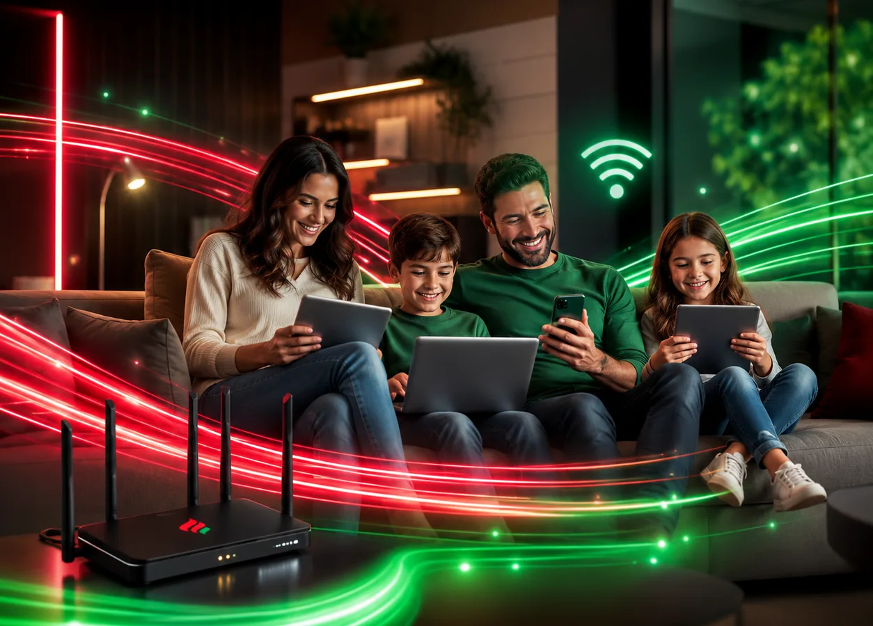 Família conectada em casa com internet Hotfibra